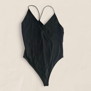 skin organic pima cotton elevated basic black vneck strap bodysuit medium NEW